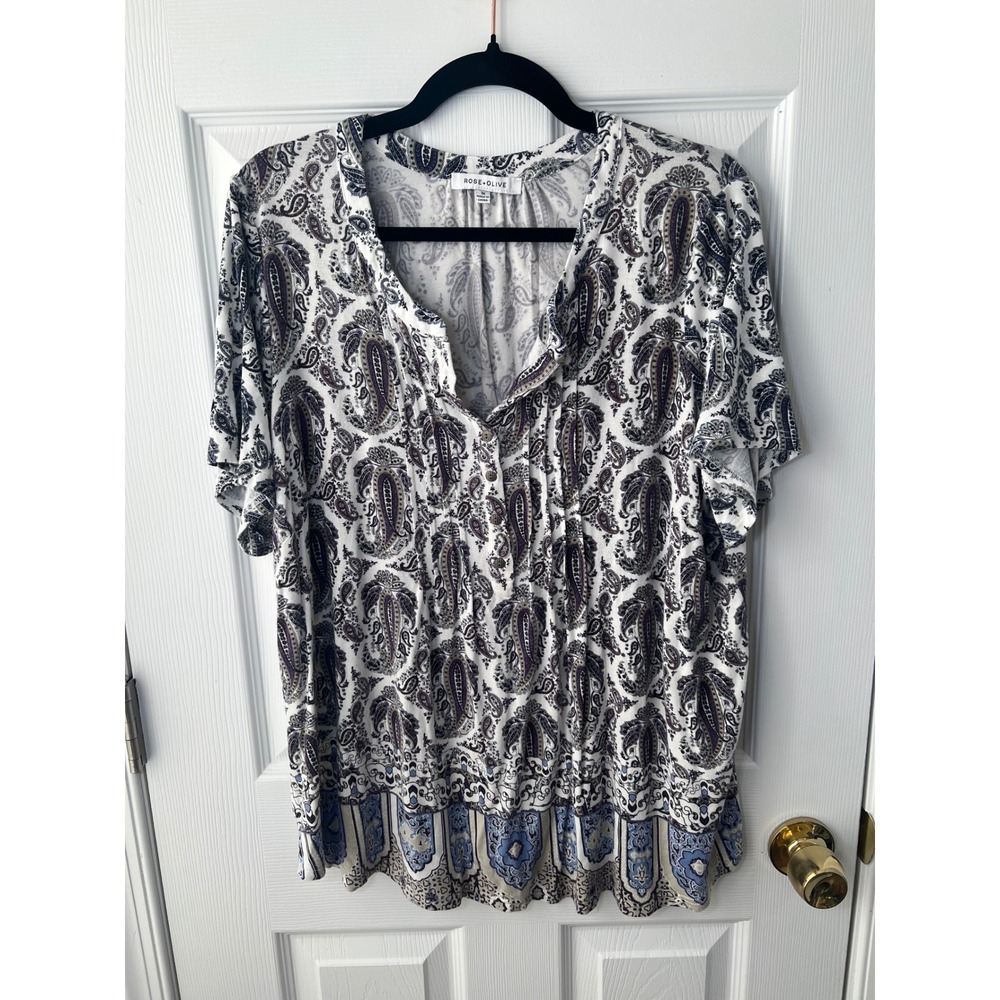 Peasant Flowy Paisley V-Neck Top White Blue Purple Border Hem Short Sleeve 1X